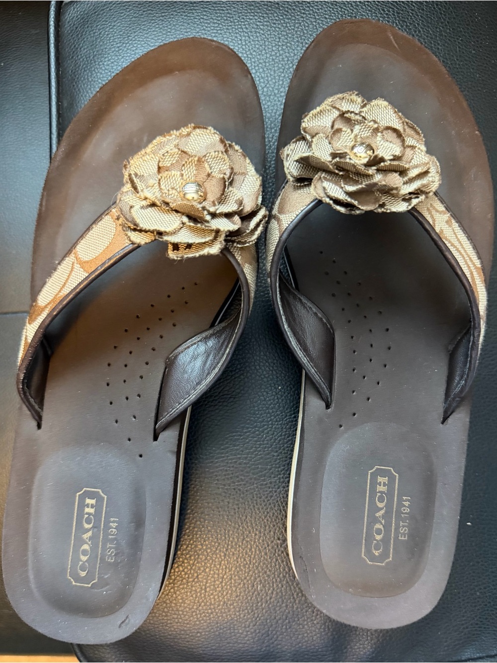COACH Brown Floral Applique Thong Sandals